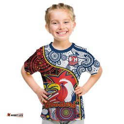 Custom Text And Number Roosters Rugby T Shirt KID Easts 1908 Aboriginal Artsy Premiers