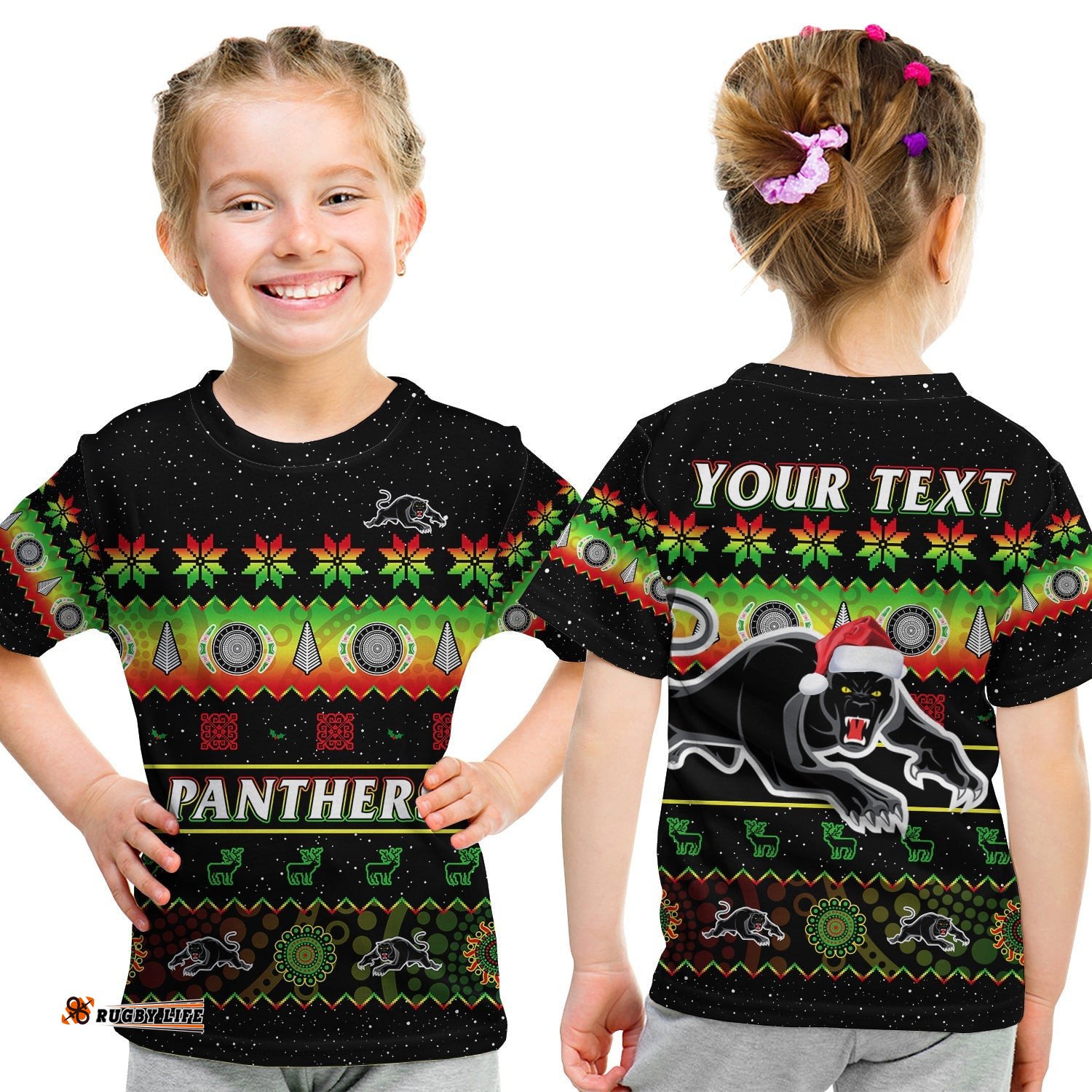 Custom Personalised Penrith Panthers Christmas T Shirt KID The Riff Aboriginal Art Merry Xmas