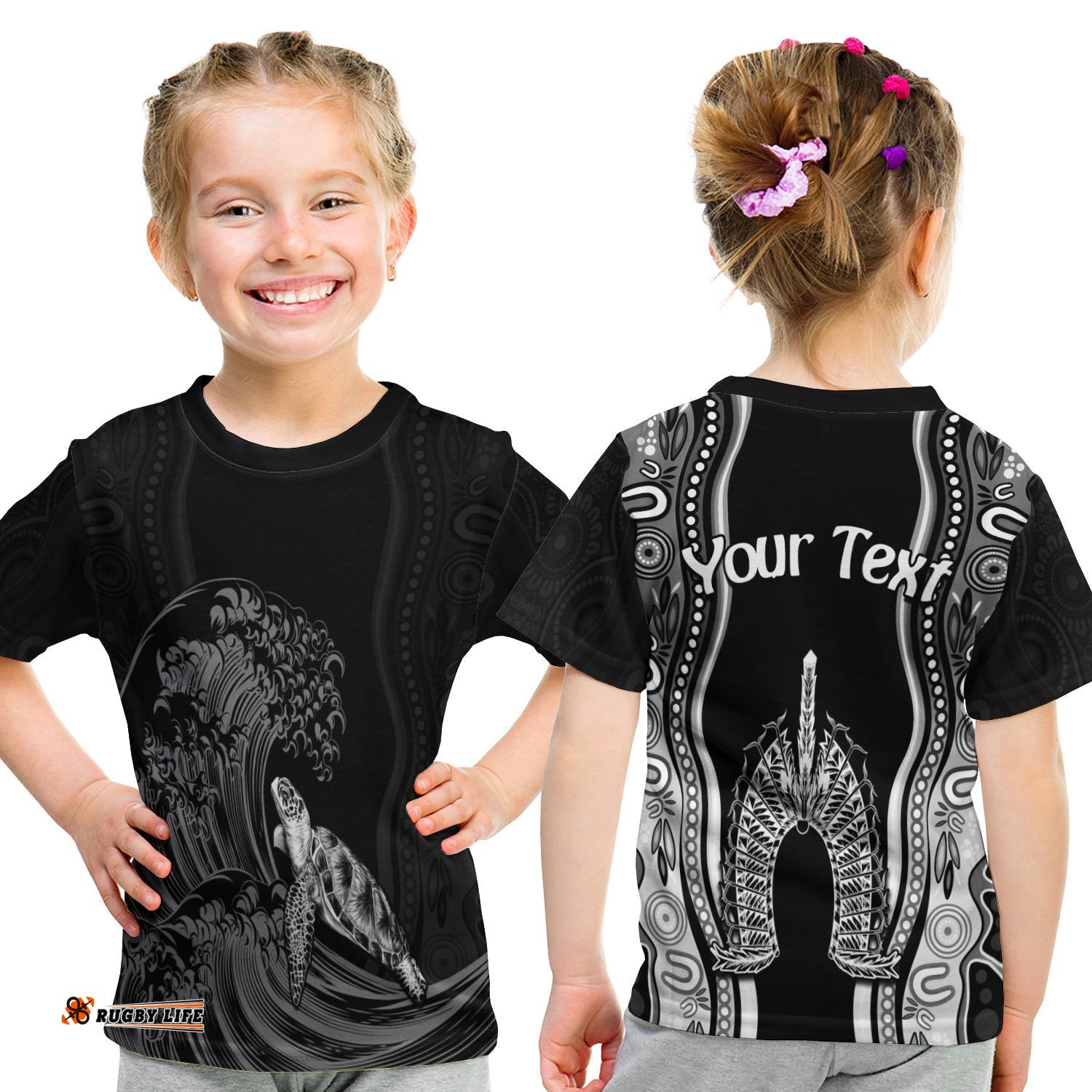 Custom Personalised Torres Strait Islands T Shirt KID The Dhari Mix Aboriginal Turtle Version Black