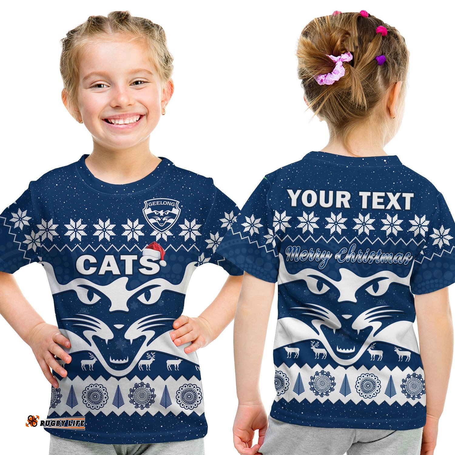 Custom Personalised Cats Football Christmas T Shirt KID Geelong Aboriginal Painting