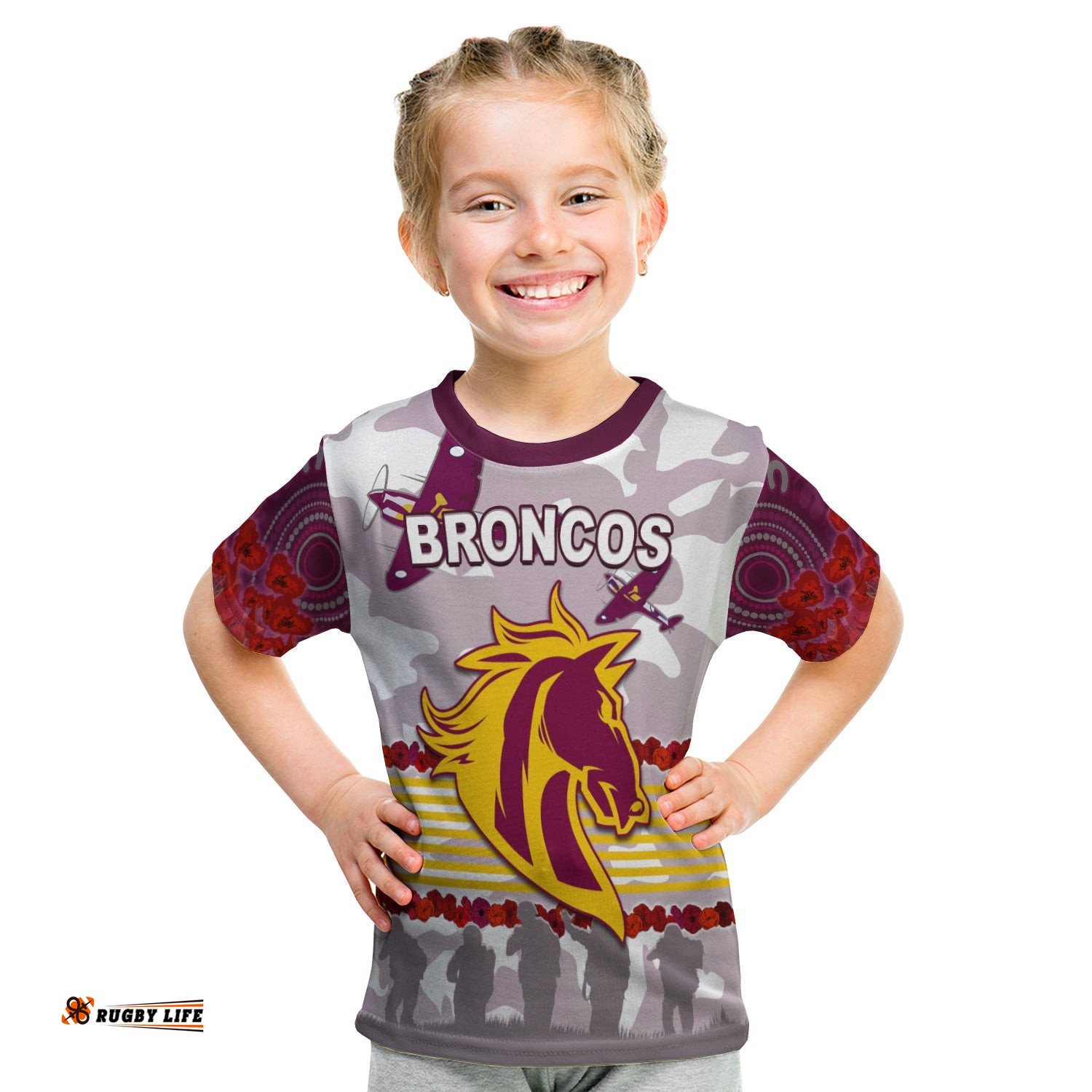 Broncos Anzac Day T Shirt KID Aboriginal Lest We Forget Ver.02