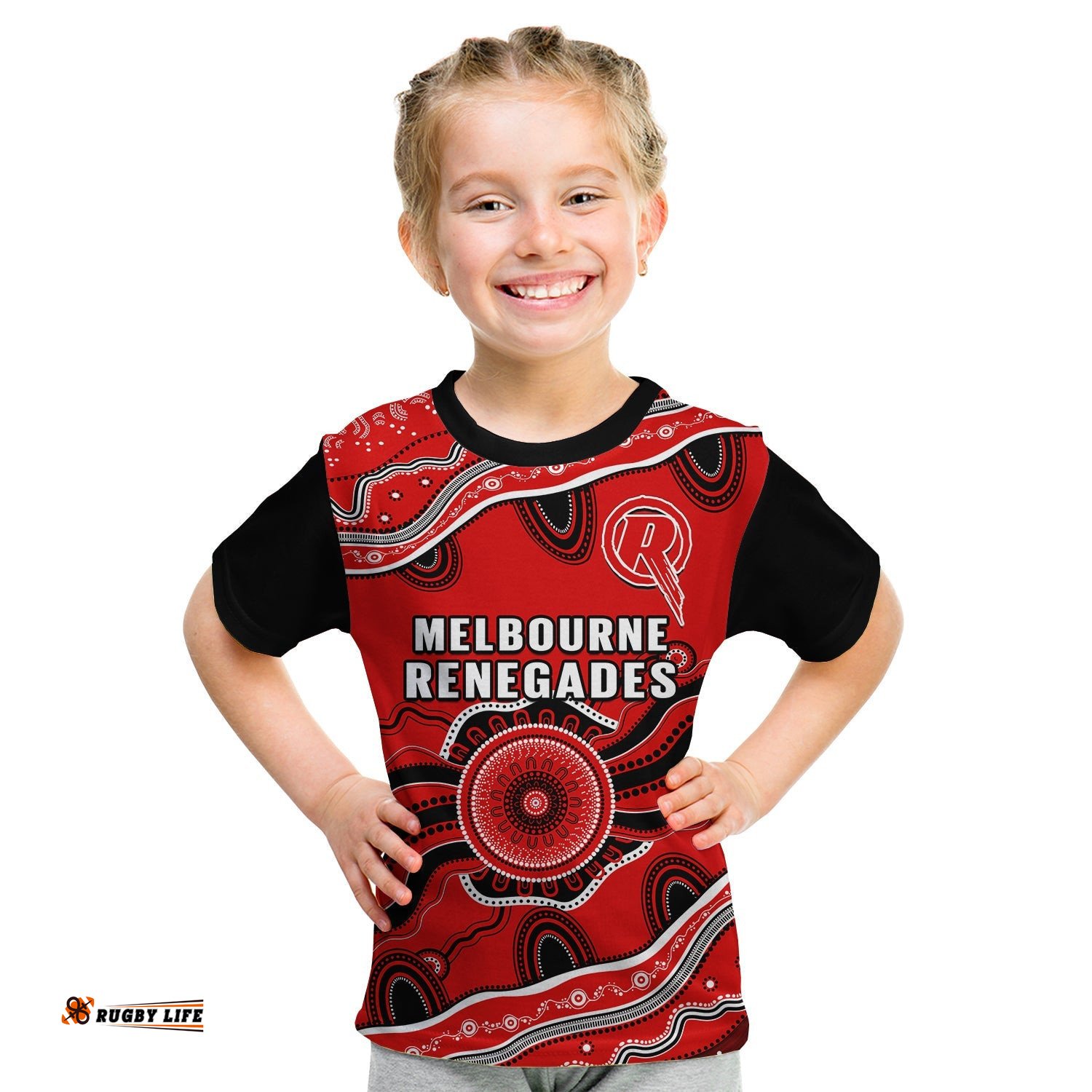 Custom Text And Number Renegades Cricket T Shirt KID Melbourne Aboriginal Painting
