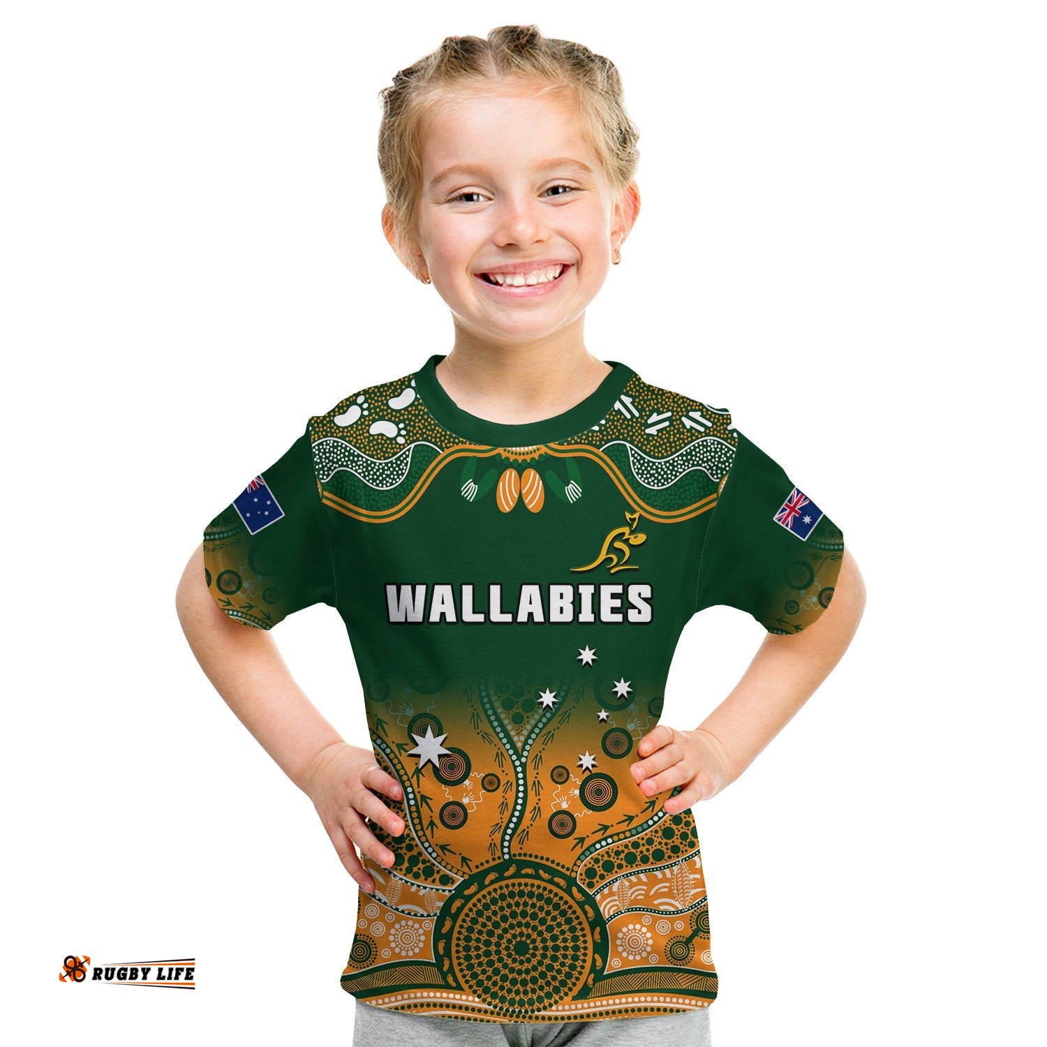 Custom Text And Number Australia Rugby T Shirt KID Wallabies Kangaroo Green Aboriginal