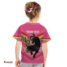 Personalised Panthers Rugby 2024 Kid T Shirt Mascot With Trophy Go Champions Aboriginal Art - Pink