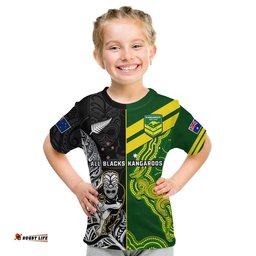 Custom Personalised Australia Kangaroos And All Black Rugby T Shirt KID Aboriginal Mix NZ Maori Fern