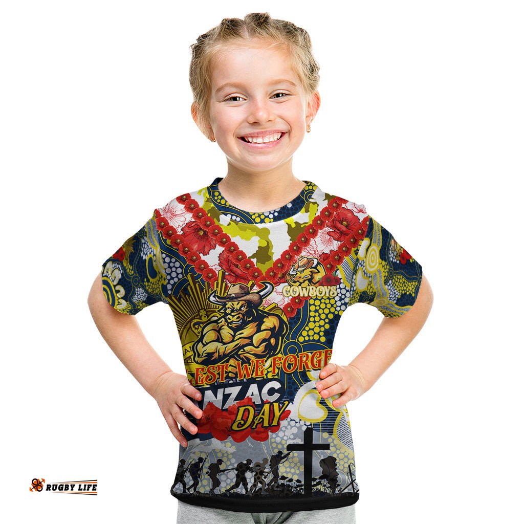Personalised Cowboys ANZAC Day Kid T Shirt Aboriginal Rising Sun