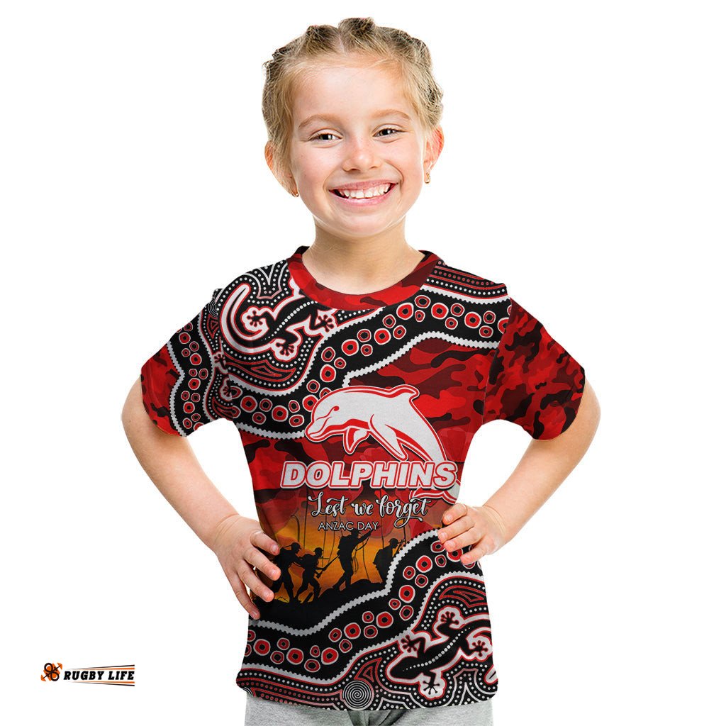 Custom Personalised Anzac Day NRL - Dolphins Kid T Shirt Aboriginal Lizard Patterns
