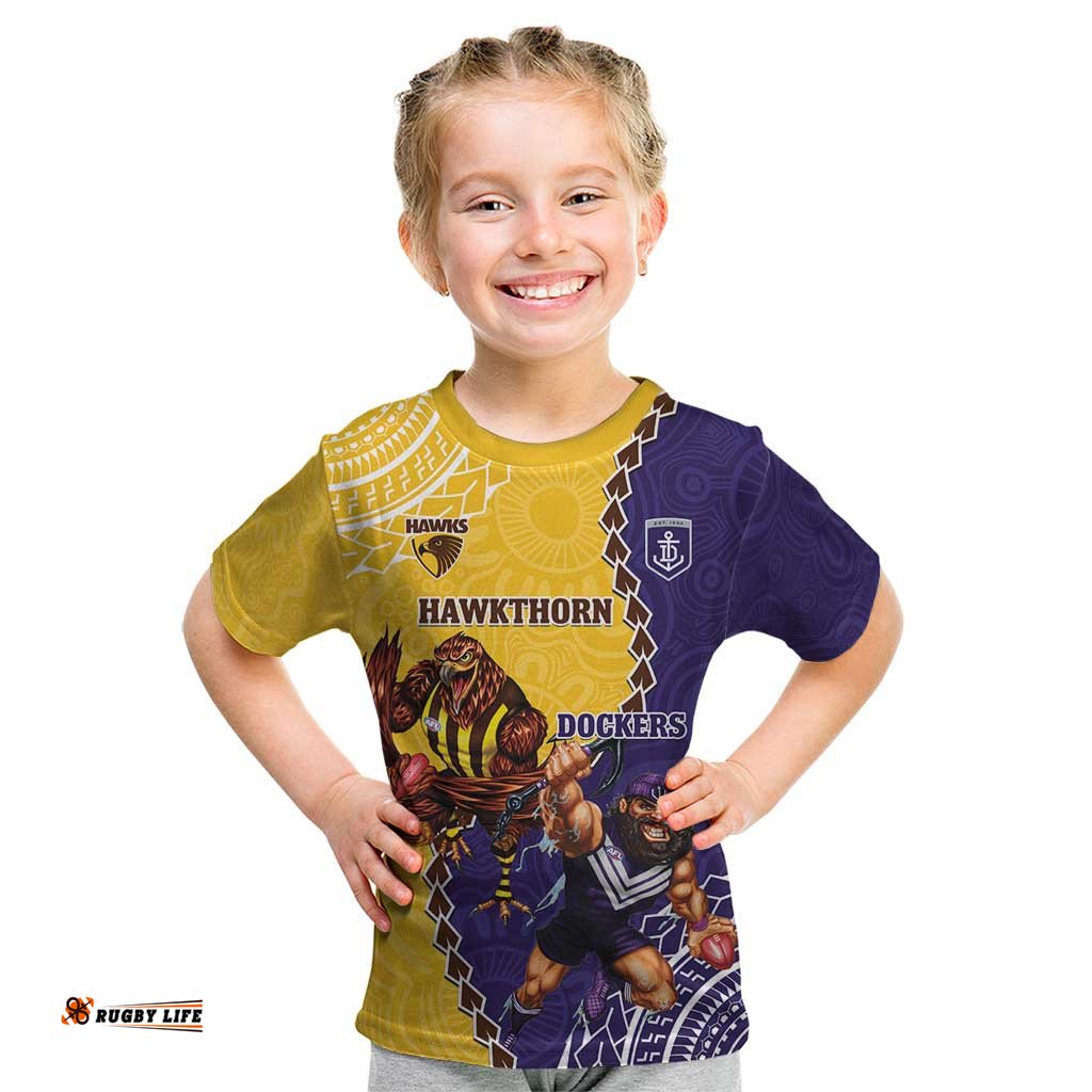 Custom Dockers And Hawks Football Kid T Shirt Aboriginal Mix Polynesian Pattern