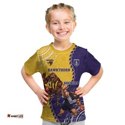 Custom Dockers And Hawks Football Kid T Shirt Aboriginal Mix Polynesian Pattern