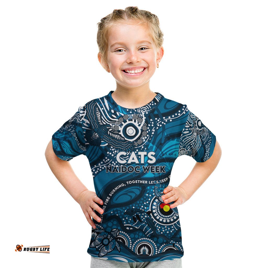 Custom NAIDOC Week 2024 Blues Kid T Shirt Aboriginal Animals Keep The Fire Burning
