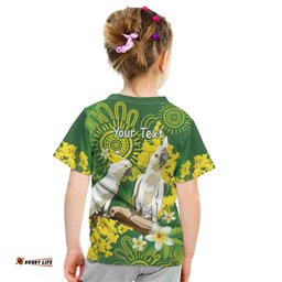 Personalised Australia Golden Wattle And Cacatua Galerita Kid T Shirt Aboriginal Art