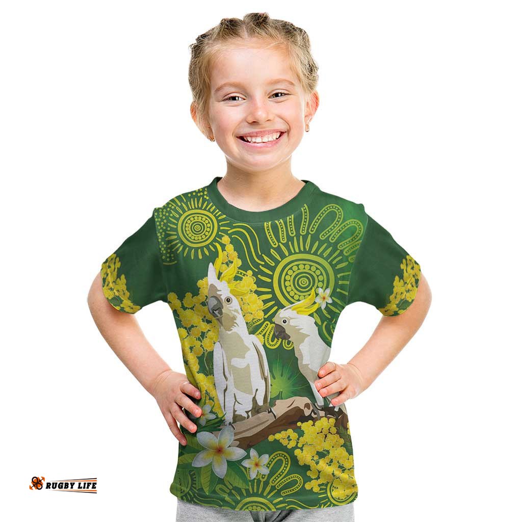 Personalised Australia Golden Wattle And Cacatua Galerita Kid T Shirt Aboriginal Art