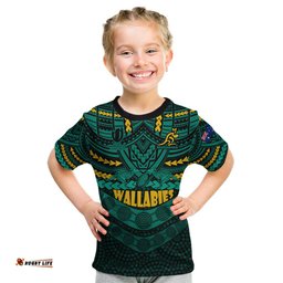 Custom Wallabies Rugby Kid T Shirt Polynesian and Aboriginal Special Green Version