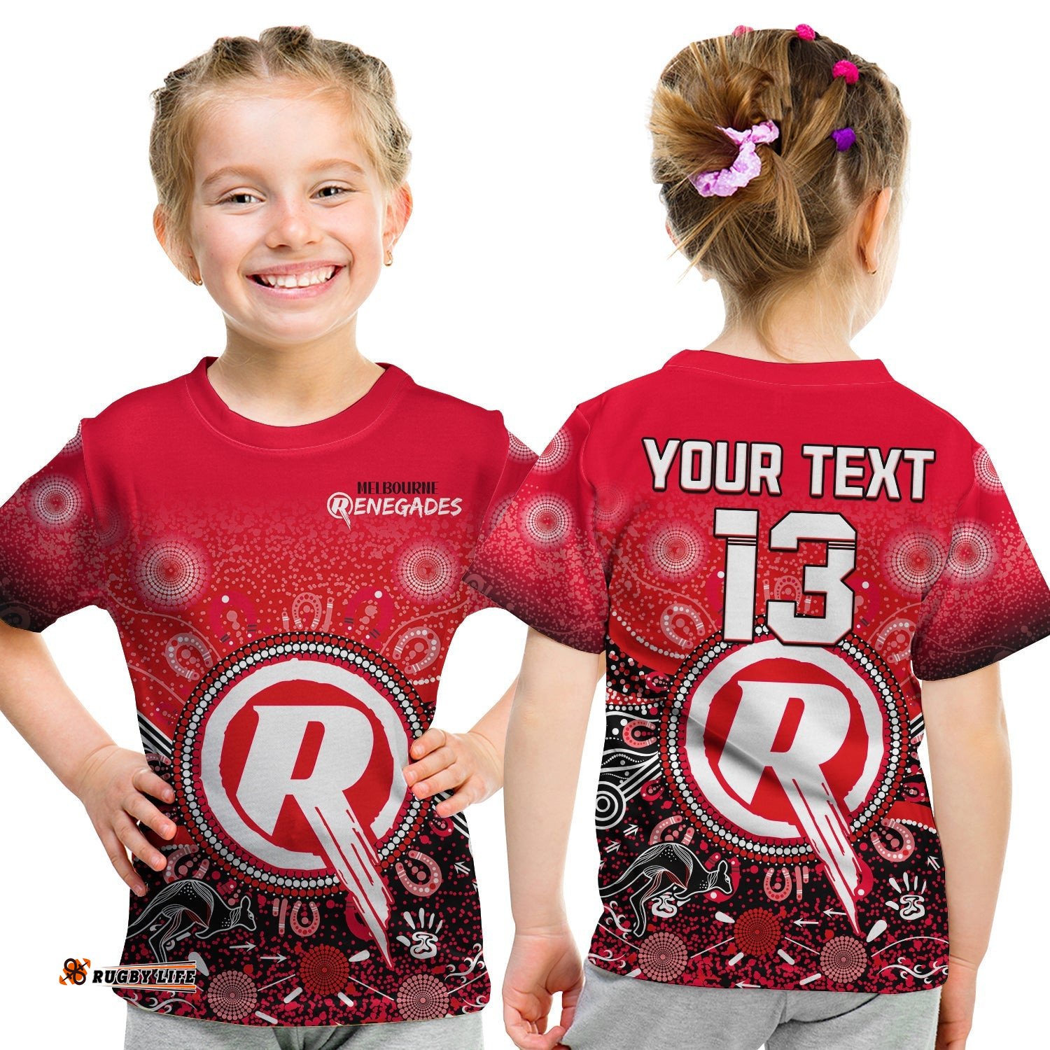 Custom Text and Number Melbourne Renegades T Shirt KID Cricket Aboriginal