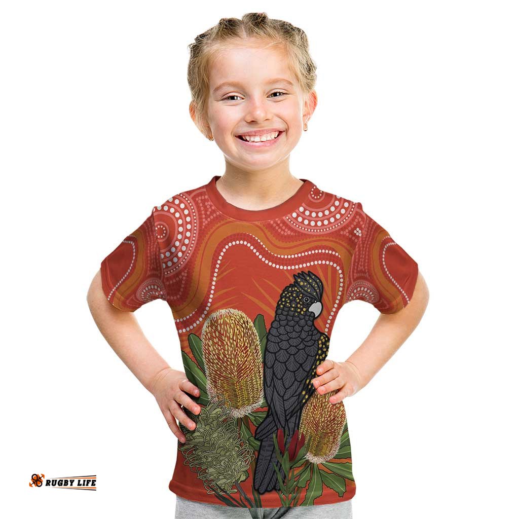 Personalised Australia Banksia And Black Cockatoo Kid T Shirt Aboriginal Art