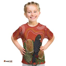 Personalised Australia Banksia And Black Cockatoo Kid T Shirt Aboriginal Art