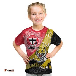 Personalised Richmond And St Kilda Football Kid T Shirt Tigers Saints Together Aboriginal Art