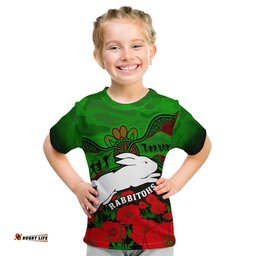Custom Text And Number Rabbitohs Rugby ANZAC T Shirt KID South Sydney Camouflage Poppy Aboriginal