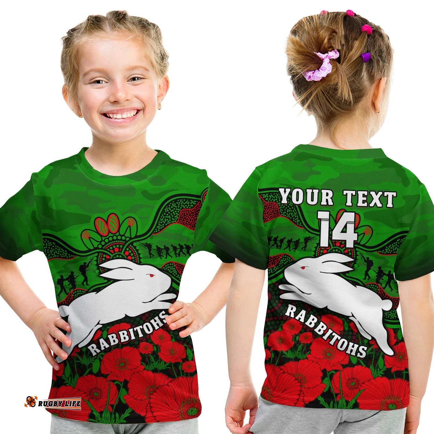 Custom Text And Number Rabbitohs Rugby ANZAC T Shirt KID South Sydney Camouflage Poppy Aboriginal