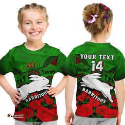 Custom Text And Number Rabbitohs Rugby ANZAC T Shirt KID South Sydney Camouflage Poppy Aboriginal
