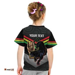 Personalised Panthers Rugby 2024 Kid T Shirt Mascot With Trophy Go Champions Aboriginal Art