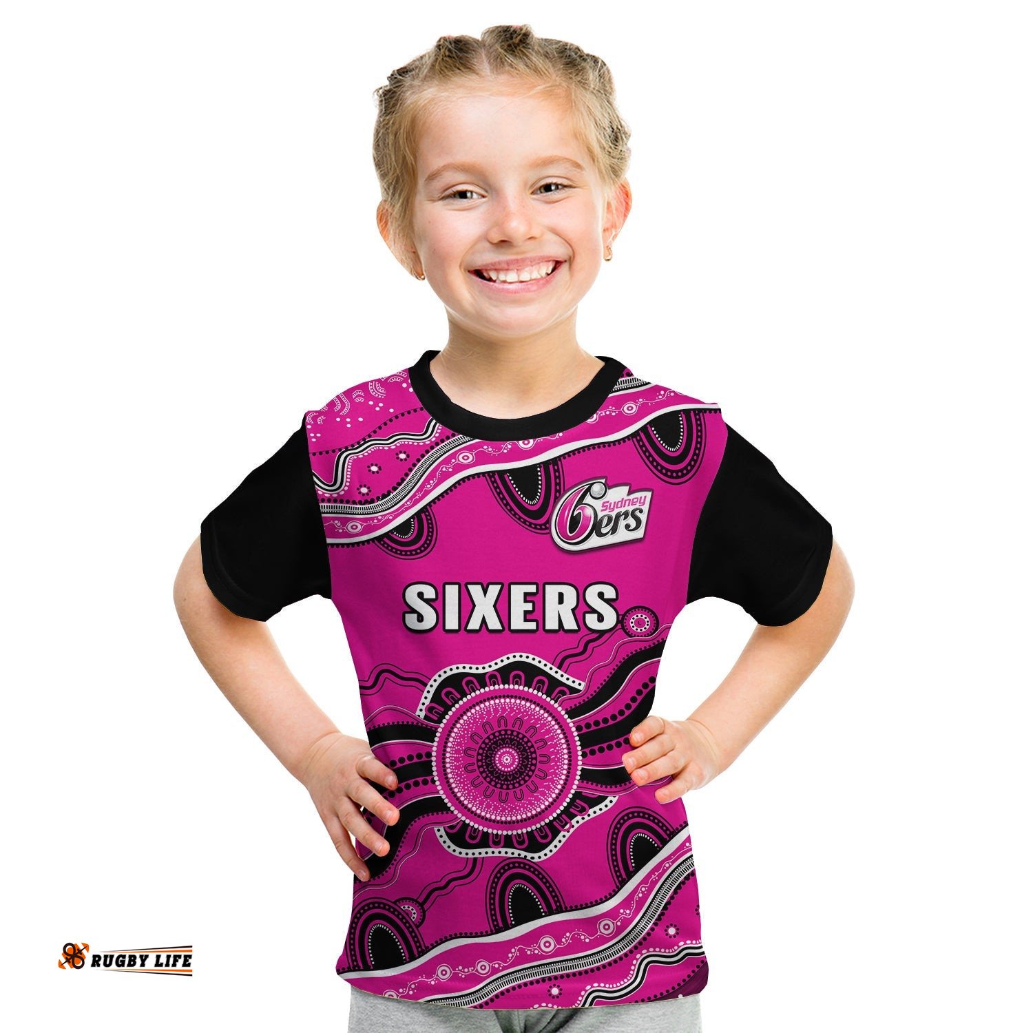 Custom Text And Number Sixers Cricket T Shirt KID Sydney Aboriginal Painting