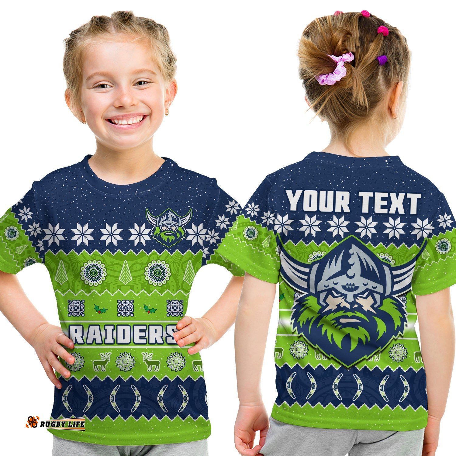 Custom Personalised Raiders Christmas T Shirt KID The Green Machine Aboriginal Art Merry Xmas