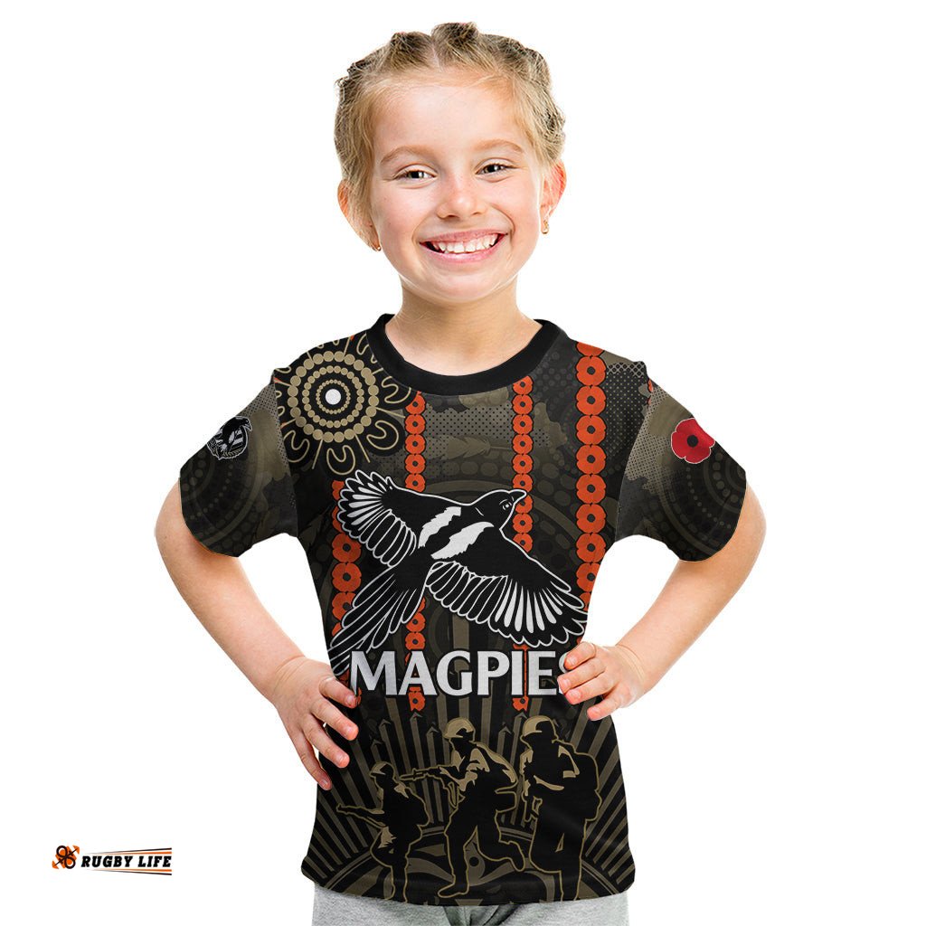 ANZAC Collingwood Football Kid T Shirt Proud To Be Magpies Poppy Flowers and Aboriginal Version