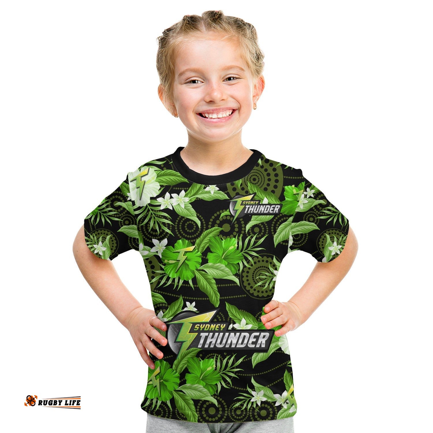 Sydney Thunder Cricket T Shirt KID Aboriginal Art Mix Tropical Flowers