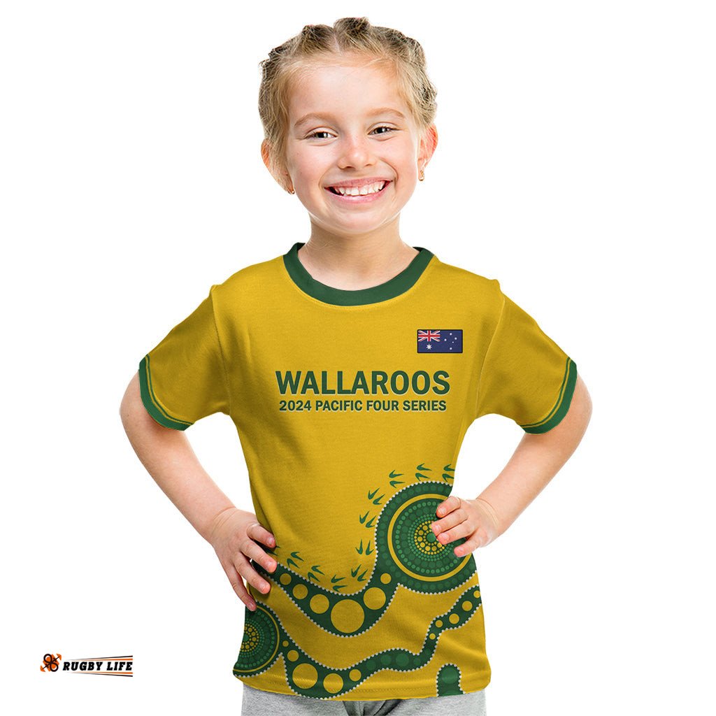 Custom Australia Rugby Kid T Shirt Go Wallaroos 2024 Pacific Aboriginal Art