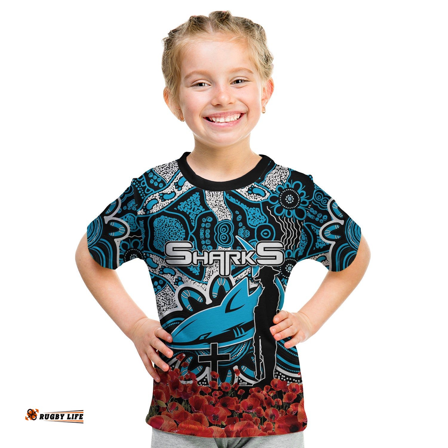 Sharks T Shirt KID Anzac Day Poppy Flowers With Aboriginal