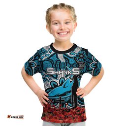 Sharks T Shirt KID Anzac Day Poppy Flowers With Aboriginal
