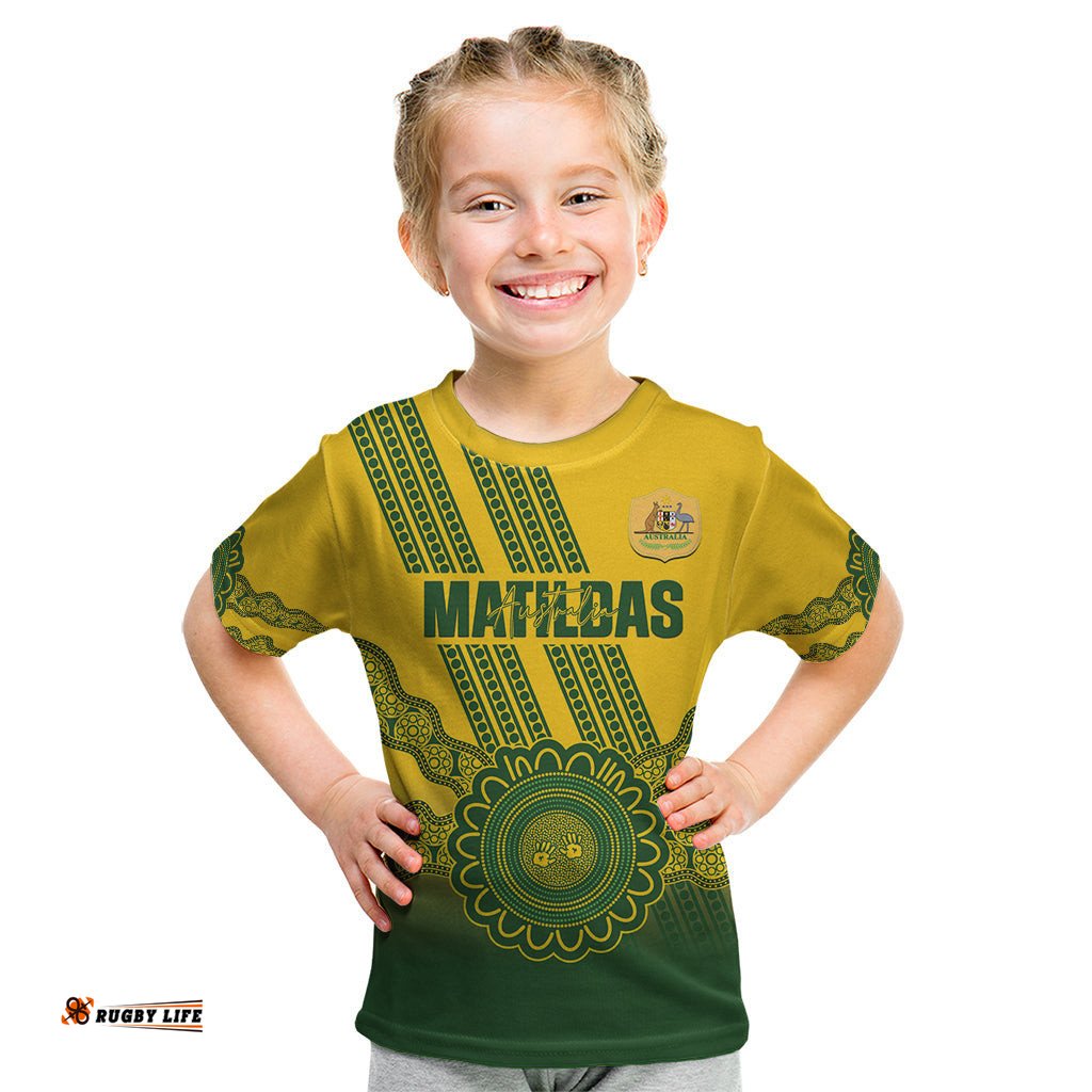 Custom Australia Matildas Kid T Shirt Aussie Aboriginal Gold Version