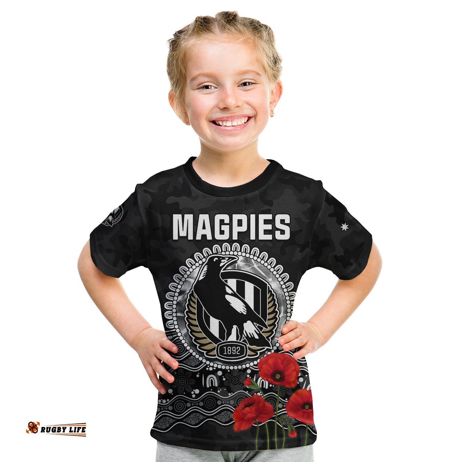 Custom Personalised Magpies Football ANZAC Day T Shirt KID Speical Poppy mix Aboriginal