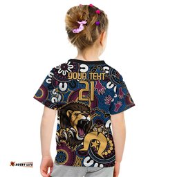 Custom Lions Football NAIDOC Week 2024 Kid T Shirt Fire Burning Aboriginal Dots Art