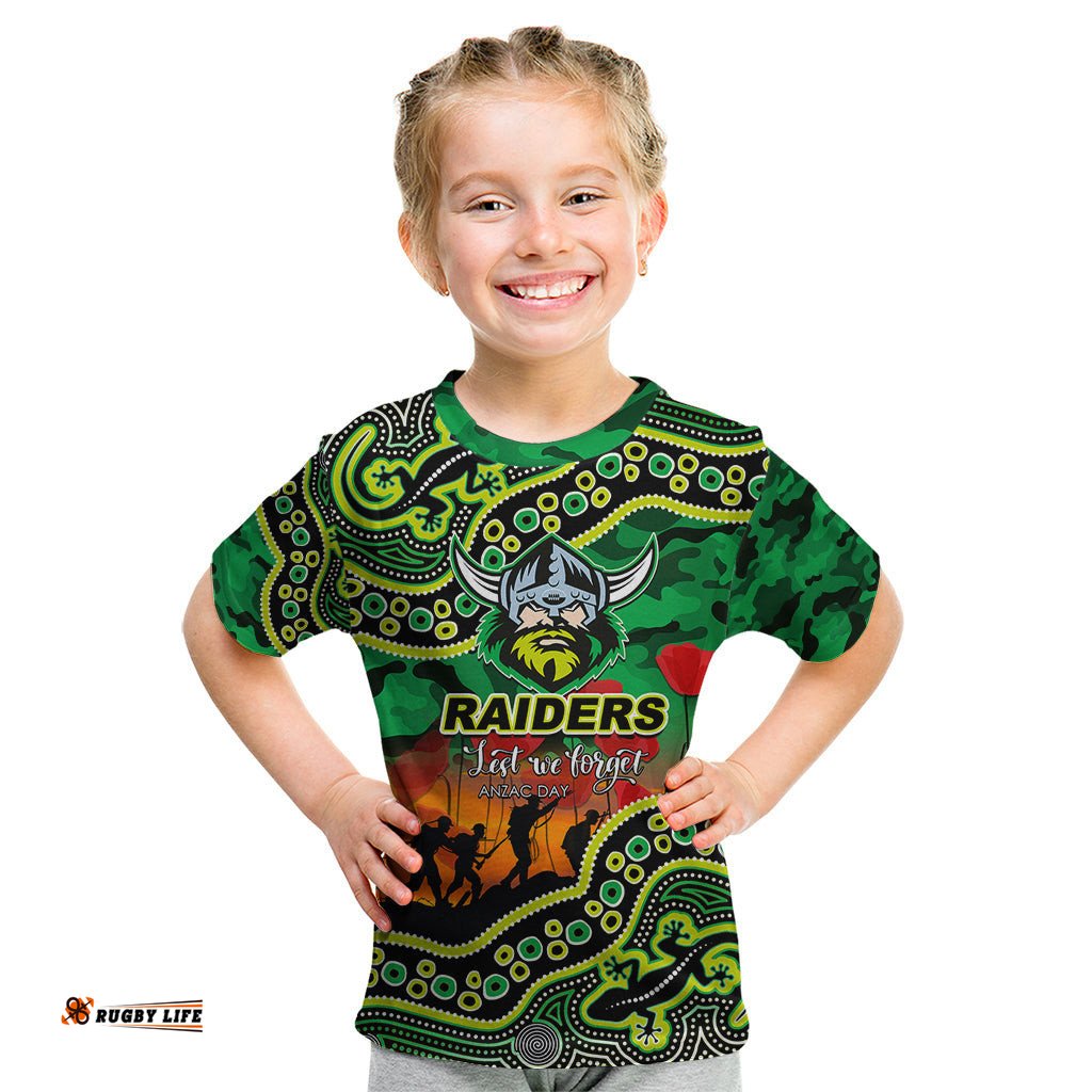 Custom Personalised Anzac Day NRL - Raiders Kid T Shirt Aboriginal Lizard Patterns