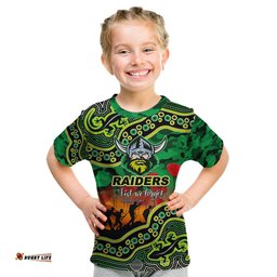 Custom Personalised Anzac Day NRL - Raiders Kid T Shirt Aboriginal Lizard Patterns