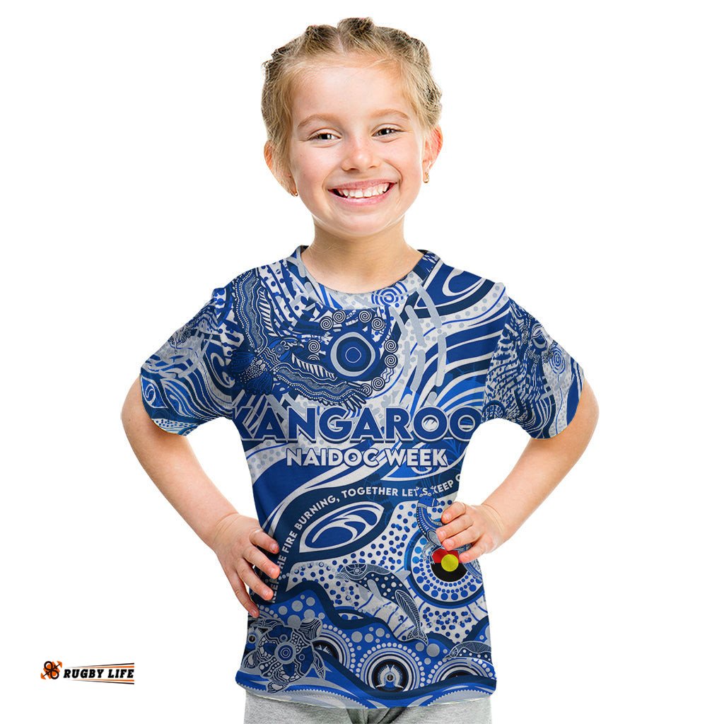 Custom NAIDOC Week 2024 Kangaroos Kid T Shirt Aboriginal Animals Keep The Fire Burning