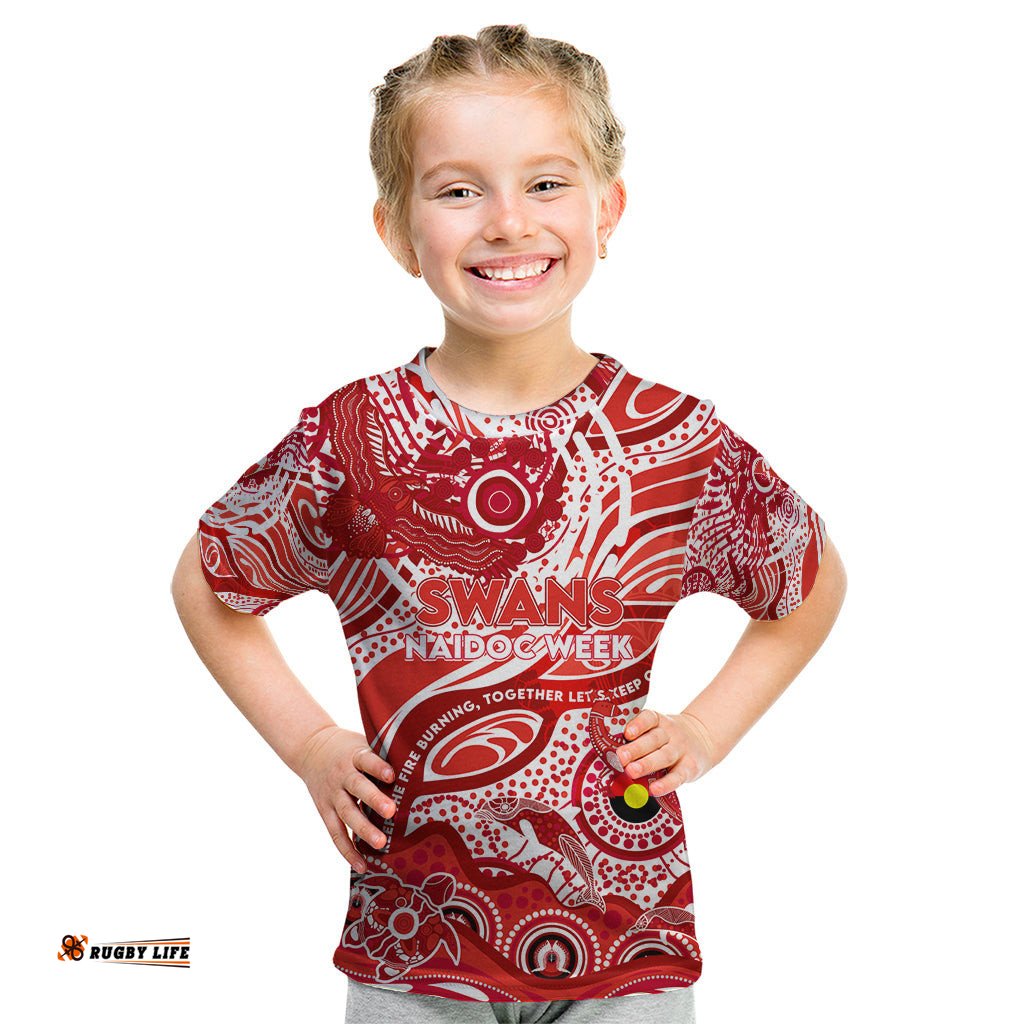 Custom NAIDOC Week 2024 Swans Kid T Shirt Aboriginal Animals Keep The Fire Burning