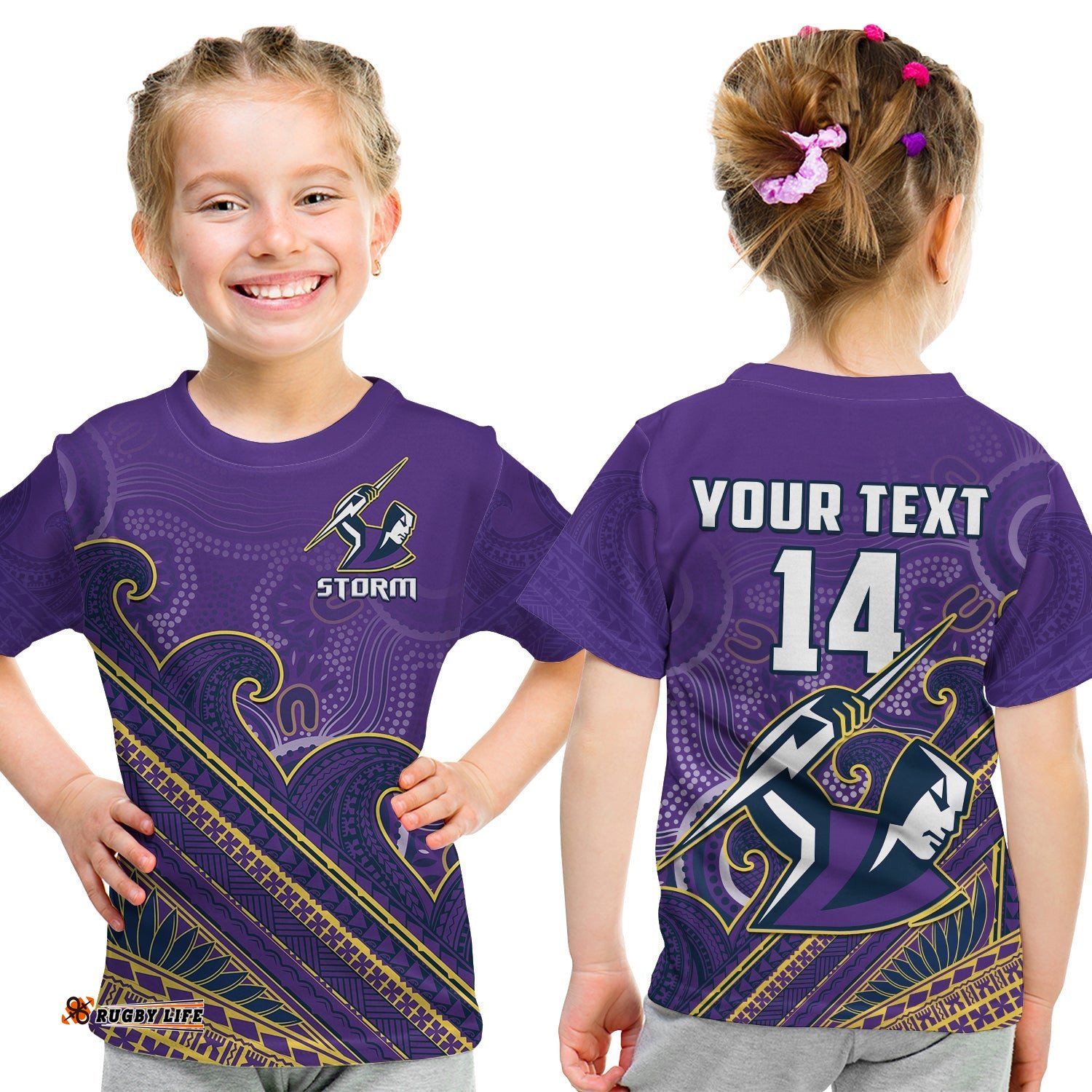 Custom Text And Number Storm Rugby T Shirt KID Melbourne Pasifika Aboriginal Gradient Polynesian
