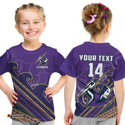 Custom Text And Number Storm Rugby T Shirt KID Melbourne Pasifika Aboriginal Gradient Polynesian