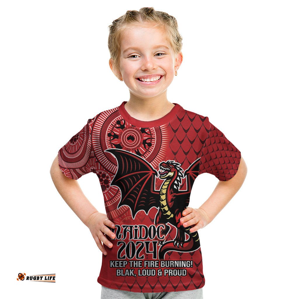 Personalised Dragons NAIDOC Week 2024 Kid T Shirt Aboriginal Fire Burning Sparks