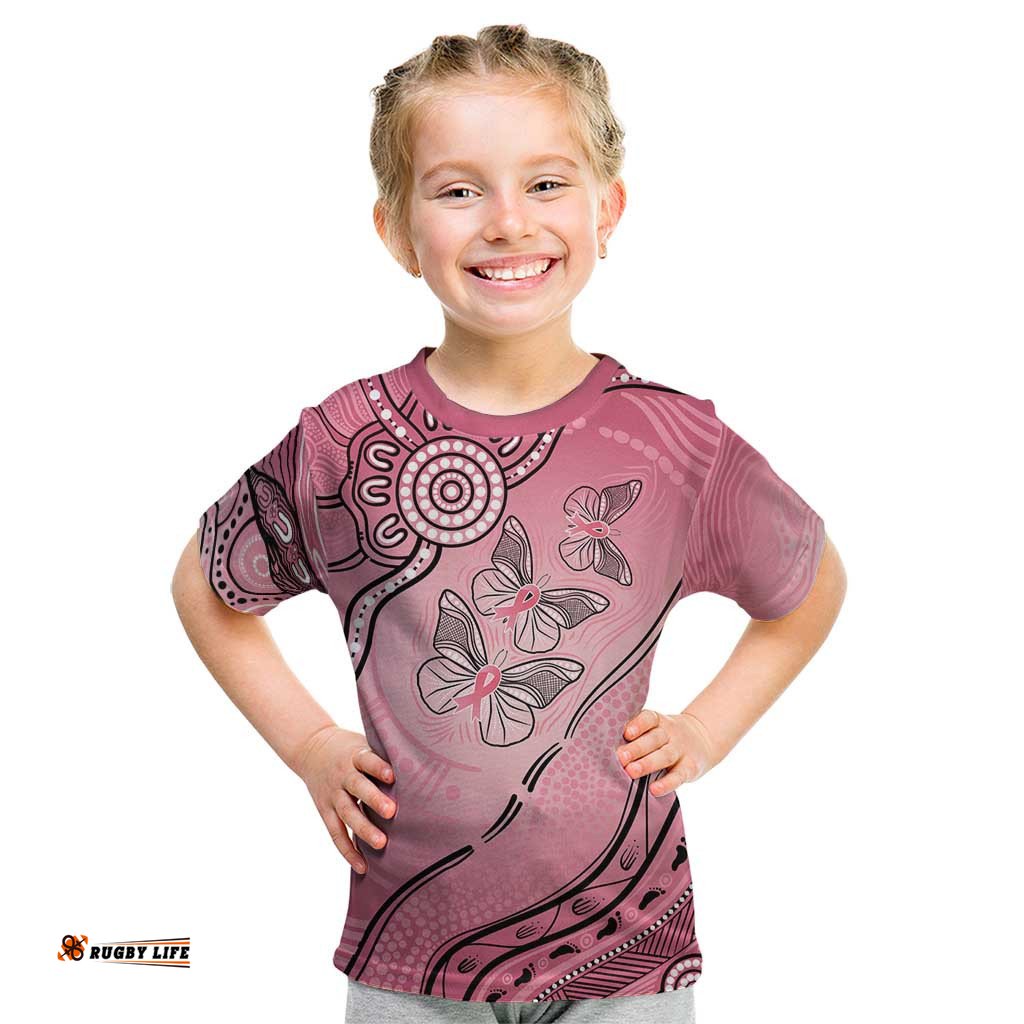 Pink Aboriginal Butterfly Ribbon Cancer Kid T Shirt