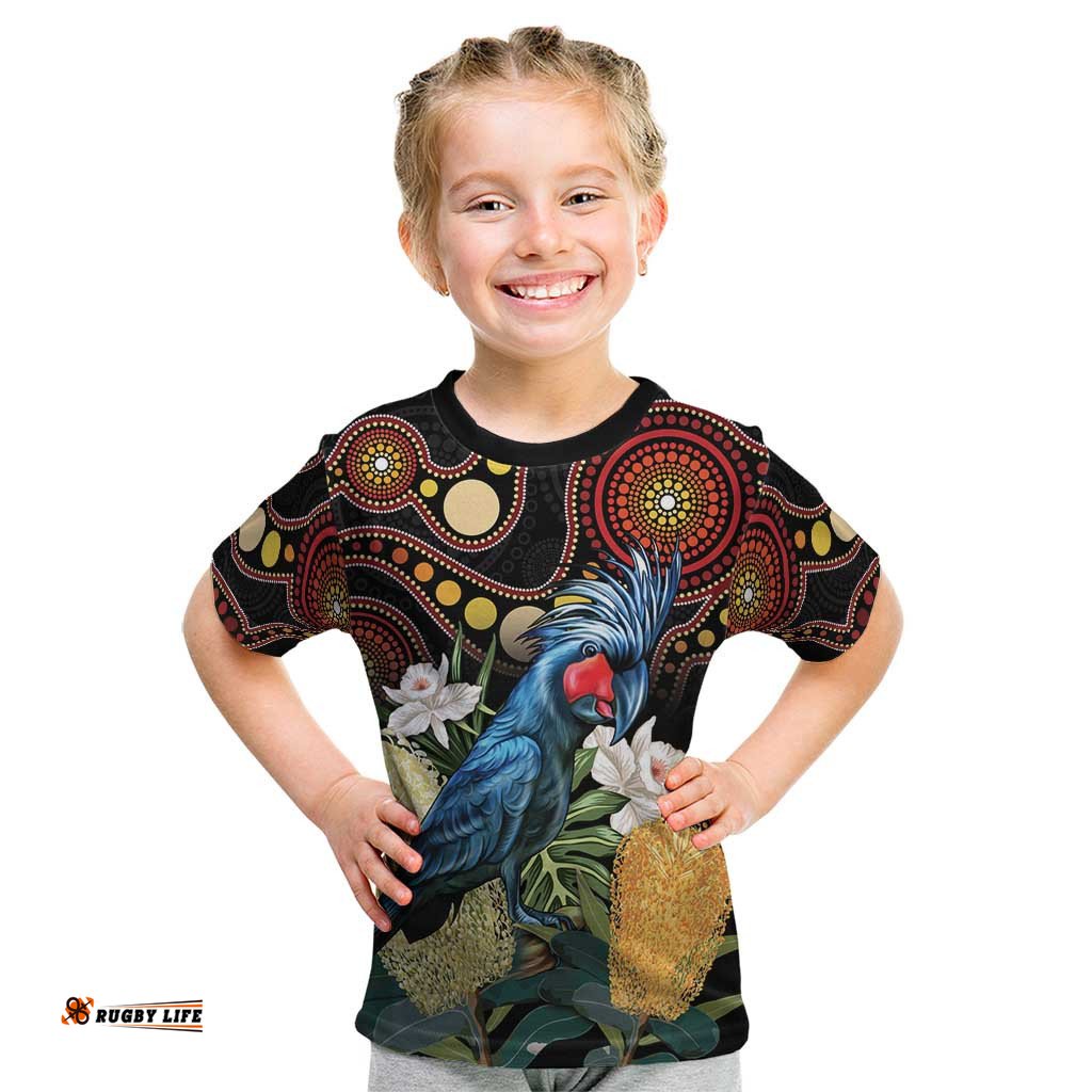 Australia Palm Cockatoo Kid T Shirt Aussie Banksia - Aboriginal Pattern