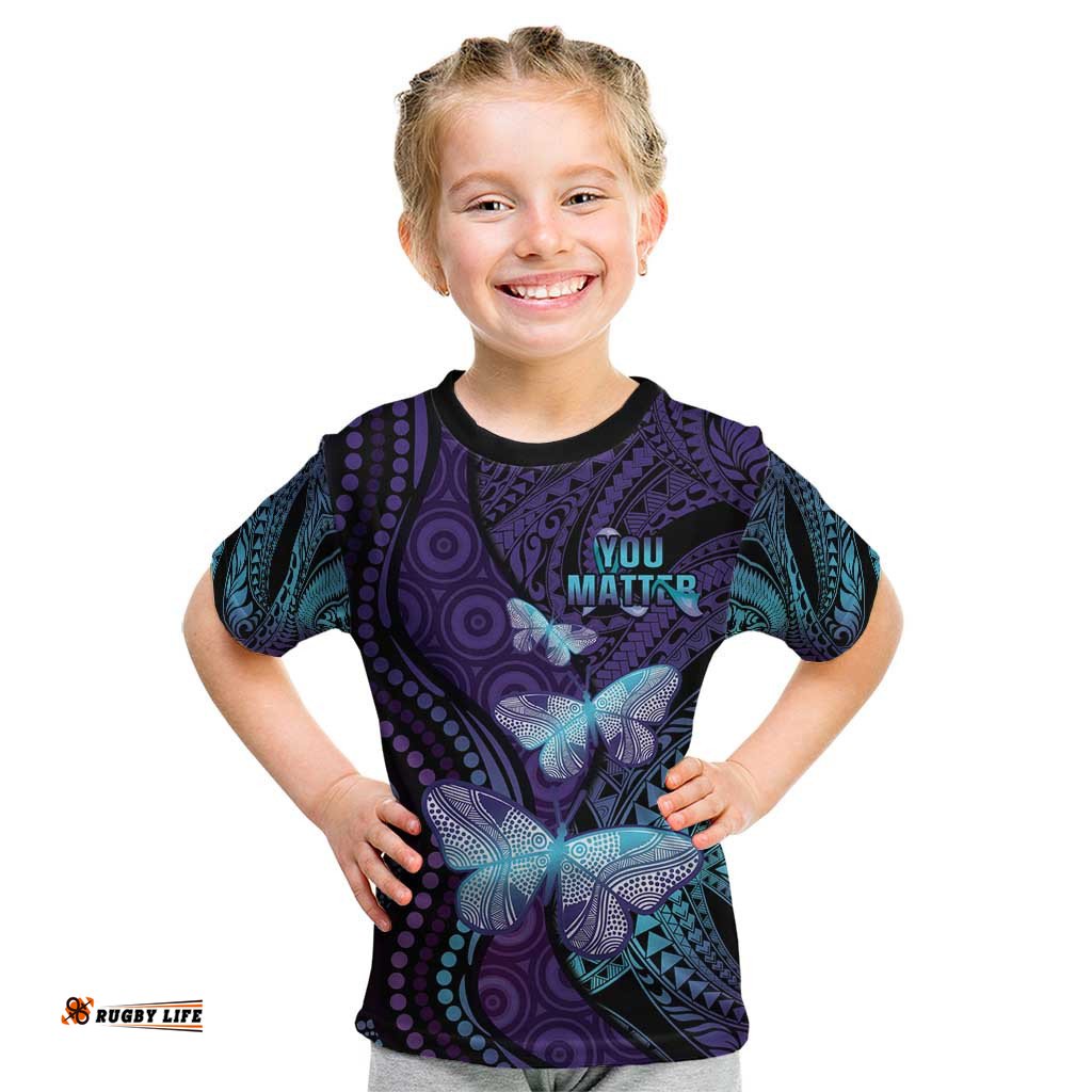 You Matter Suicide Prevention Awareness Kid T Shirt Butterfly Aboriginal Mix Polynesian Pattern