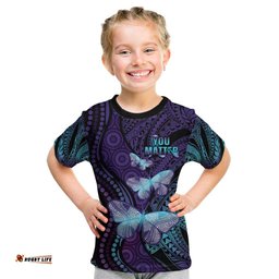 You Matter Suicide Prevention Awareness Kid T Shirt Butterfly Aboriginal Mix Polynesian Pattern