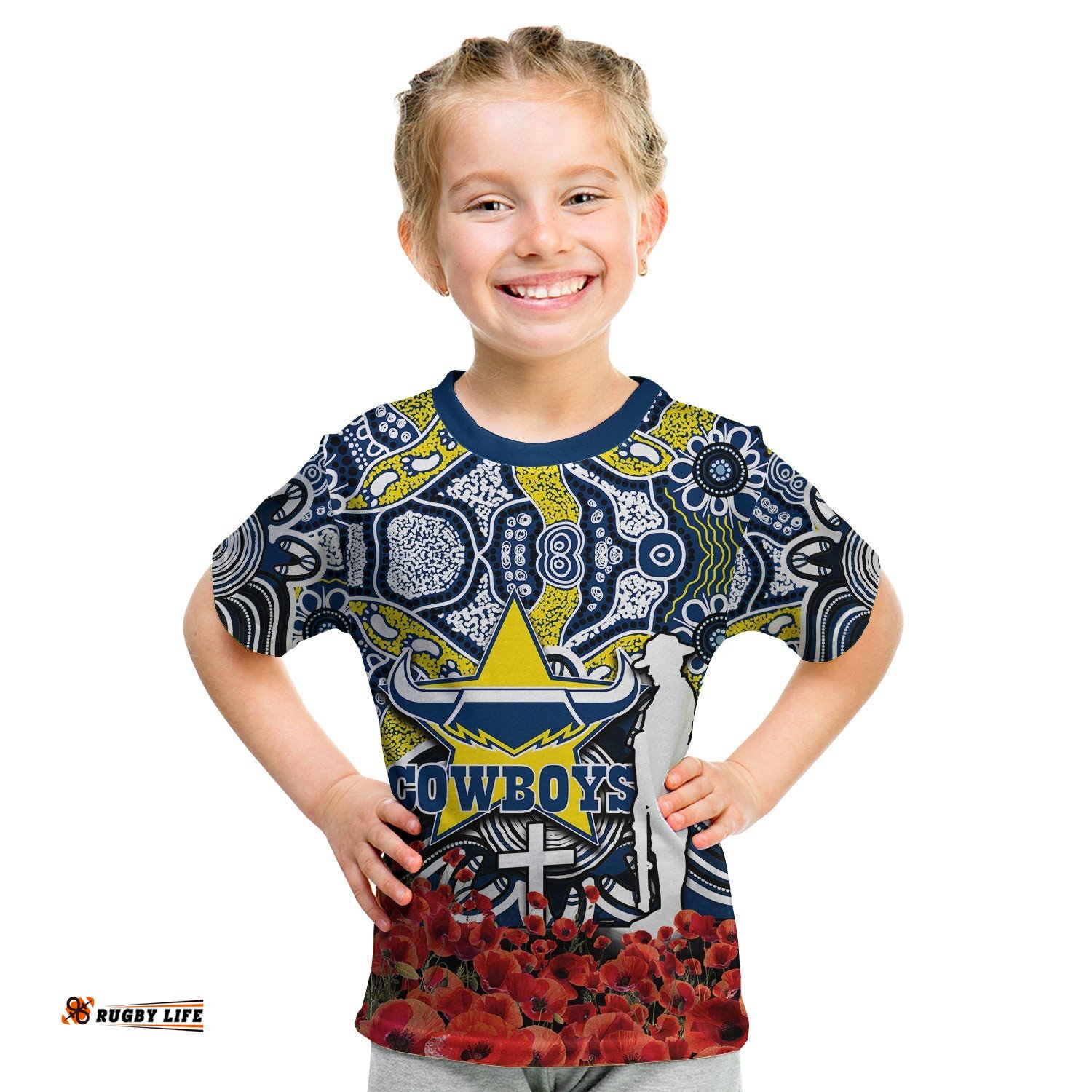 Cowboys T Shirt KID Anzac Day Poppy Flowers With Aboriginal