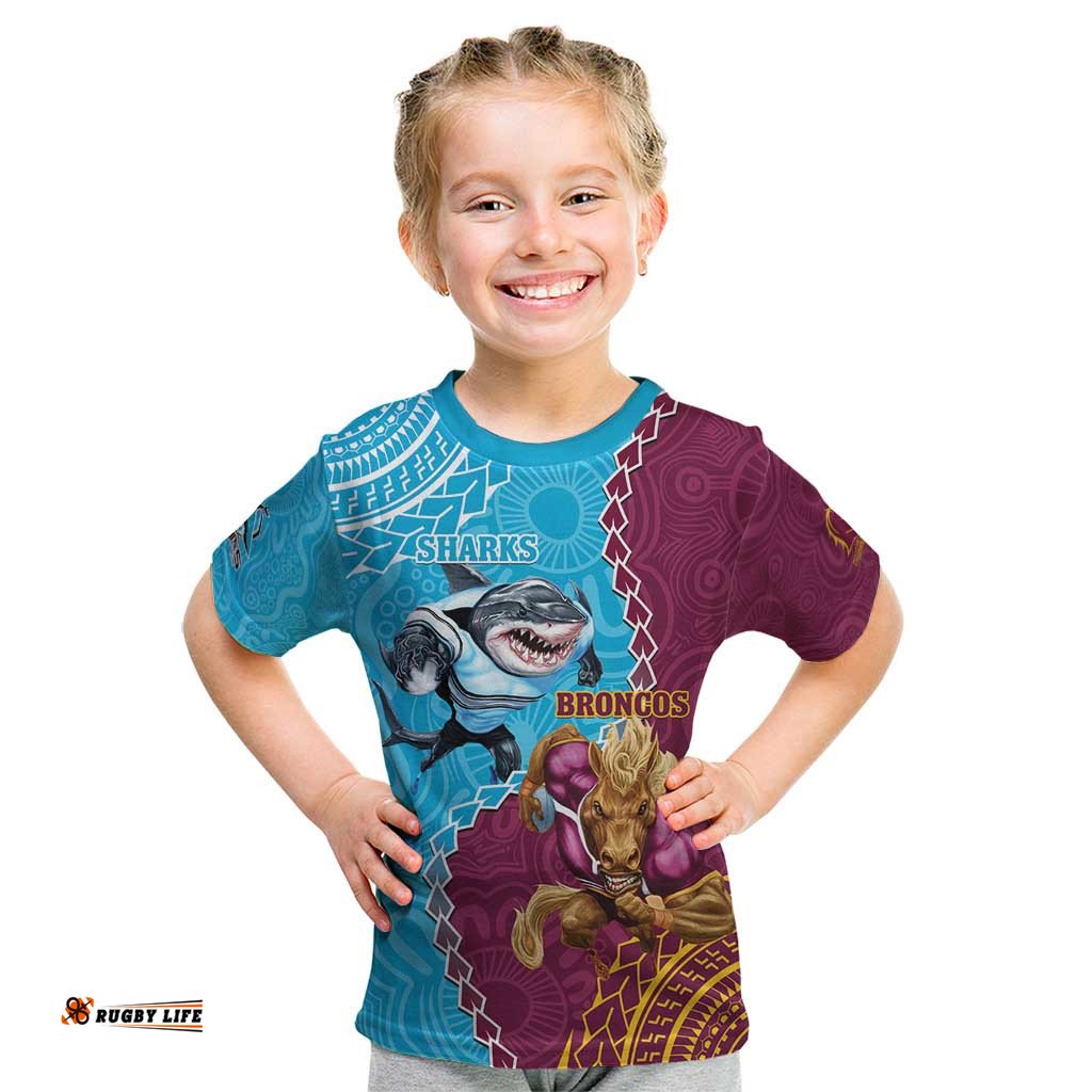 Personalised Sharks And Broncos Rugby Kid T Shirt Aboriginal Mix Polynesian Pattern