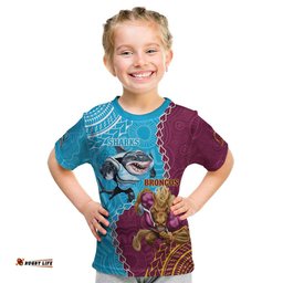 Personalised Sharks And Broncos Rugby Kid T Shirt Aboriginal Mix Polynesian Pattern
