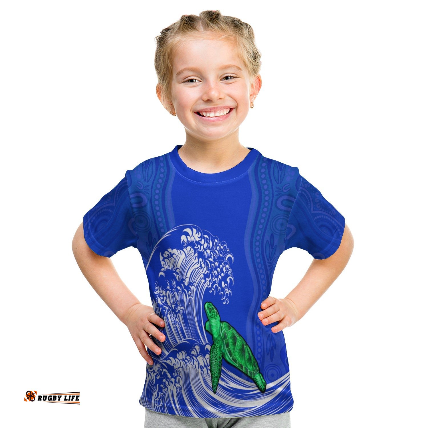 Torres Strait Islands T Shirt KID The Dhari Mix Aboriginal Turtle Version Blue
